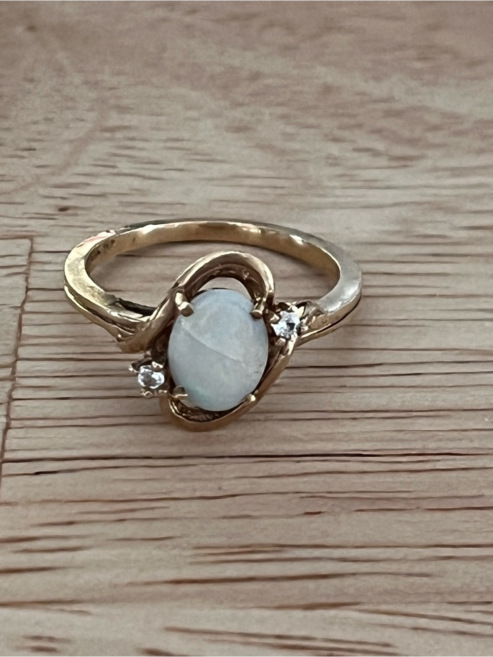 Gold Opal Ring with White Opal and Accent diamond chips 10k
